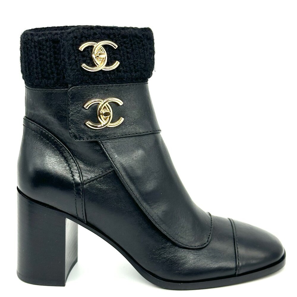 CHANEL 23K 2023 Turnlock CC Leather Knit Cuff Ankle Bootie Boots Heels - Picture 8 of 16